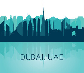 Wall Mural - Dubai UAE 2024 skyline silhouette. Turquoise Dubai city design isolated on white background with reflection in water, vector sights