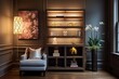 Chic Brownstone Entryway: Modern Lounge Design with Elegant Lighting and Shelving Unit