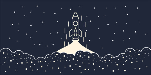 Rocket takes off vector line art. Illustration spaceship and graphic space shuttle. Outline futuristic cartoon startup astronaut and success future galaxy