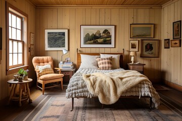 Natural Fiber Rugs & Textiles in Vintage Inspired Bedroom with Art Posters, Classic Wooden Furniture