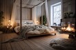 Nordic Apartment With Wooden Floor: Enchanting Canopy Beds by Cozy Fireplace