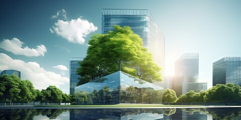 Wall Mural - Eco-friendly building in the modern city. Sustainable glass office building with tree for reducing carbon dioxide. Office building with green environment.