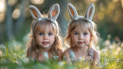 Two cute little children sitting on the lawn and wearing rabbit ears.