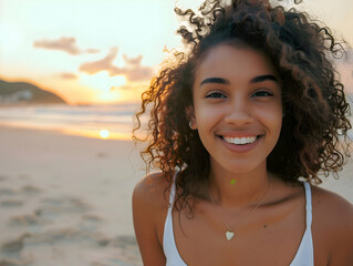 Wall Mural - Portrait of a happy laughing black woman at sunset on beach smiling laughing on summer holiday vacation travel lifestyle freedom fun.