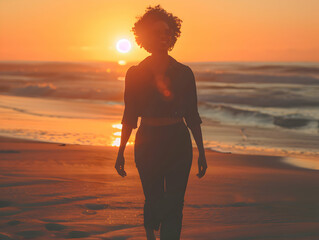 Wall Mural - Portrait of a happy laughing black woman at sunset on beach  smiling laughing on summer holiday vacation travel lifestyle freedom fun.