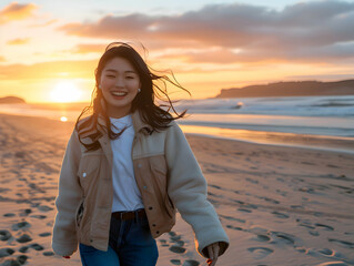 Wall Mural - Portrait of a happy laughing asian woman at sunset on beach  smiling laughing on summer holiday vacation travel lifestyle freedom fun.