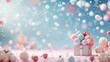 A festive background with balloons and a gift box amidst a colorful celebration atmosphere