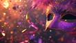 A vibrant purple carnival mask against a sparkling backdrop