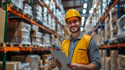 Happy male factory manager using digital tablet in warehouse while standing against goods shelf looking at camera