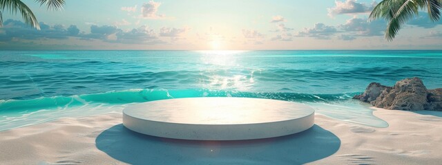 Wall Mural - Beach podium background product summer sand display stand sea cosmetic. Product summer background podium beach sky scene presentation platform nature blue pedestal beauty water mockup stone palm sun.