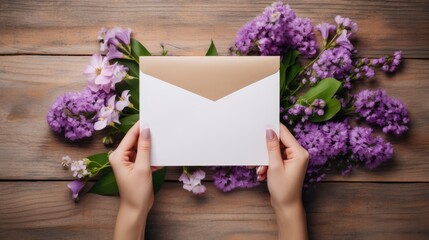 Wall Mural - An envelope with a mock-up of a note made of blank paper in the hands of a woman and flowers on the table. View from above. An invitation, a postcard and a letter.