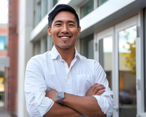 Wall Mural - Positive handsome young native american business man posing outside office with hands folded, looking at camera with toothy smile. Happy male entrepreneur, professional, worker guy head shot portrait