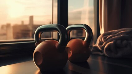 Poster - Kettle weights placed on a table, suitable for fitness or workout concepts.