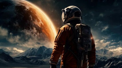 Aufkleber - Astronaut in space suit standing in front of a planet, suitable for science and space exploration concepts.