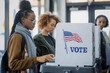 © Road Red Runner - Group of women gathered around a voting machine in a polling station.