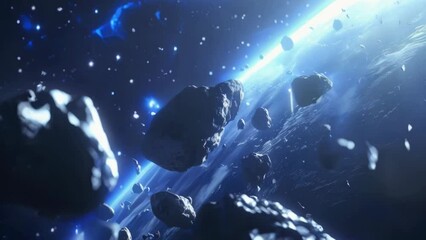 Poster - A group of rocks floating in outer space. Suitable for science fiction concepts.