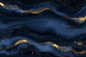 Sticker - Elegant Abstract Navy Blue Waves with Golden Sparkles and Dust