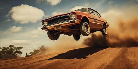 Seventies style car stunt or car jump. A normal sedan-type stock car, in mid air during a car jump with a dirt trail.