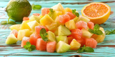 Wall Mural - A fruit salad made from a mixture of tropical fruits, against a bright beach party and dancing