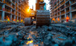 © Vadim - Excavator is working on construction site the workers are digging the ground and repairing the road.