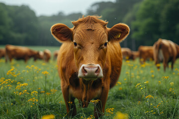 Wall Mural - Brown cow stands in field of yellow flowers