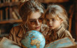 Mother and daughter are looking at globe