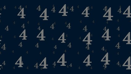 Poster - Number four symbols float horizontally from left to right. Parallax fly effect. Floating symbols are located randomly. Seamless looped 4k animation on dark blue background