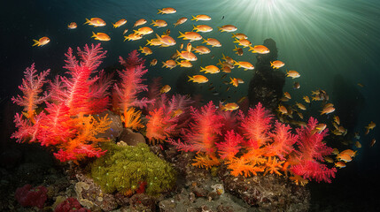 Wall Mural - Colorful coral reef, busy with various types of marine animals floating among bright cor