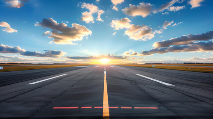 Wall Mural - Runway, airstrip in the airport terminal with marking on blue sky with clouds background. Travel aviation concept.