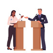 Debates between two politicians with friendly faces and smiles. Young man and woman standing at podiums with microphones to talk to audience during election campaign cartoon vector illustration