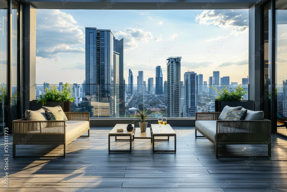 Chic modern living space with floor-to-ceiling windows showcasing a ...