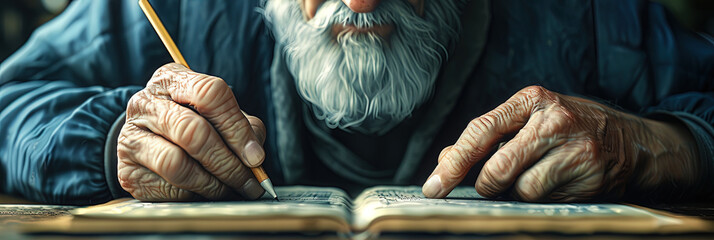 An old man is writing with a pencil in a book. The book is open