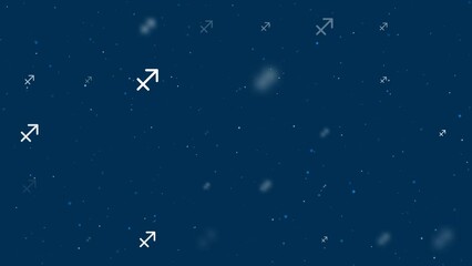 Poster - Template animation of evenly spaced zodiac sagittarius symbols of different sizes and opacity. Animation of transparency and size. Seamless looped 4k animation on dark blue background with stars