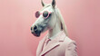 boss horse wearing business coat, tie, shirt and glasses , pastel background , can be used for cards, business, banners, posters	
