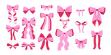 Fototapeta Dinusie - Set pink bows and ribbons for hair. Flat vector illustrations set. Trendy bow for presents wrapping. Gift birthday xmas sale decor. Cute vintage hairstyle elements collection