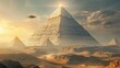 Futuristic pyramids under a golden sky with alien spaceships hovering above a desert