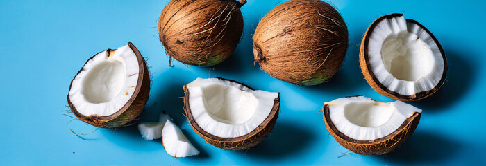 Halved fresh coconuts against blue background, top view, flat lay, copy space, banner, space for text, backdrop, wallpaper