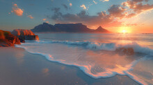 Sunset Panorama HDR Of A Beach Near Cape Town, South Africa. Table Mountain Can Be Seen In The Distance. Very Large File Perfect For Backgrounds Or Billboards.