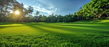 A Bright Sun Shines Through The Trees Onto A Vibrant Green Golf Course, Illuminating The Lush Surroundings.