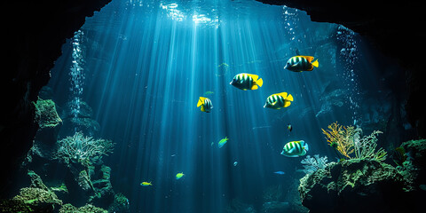 Poster - Underwater tropical gardens, strewn with soft corals and bright sea plants, creating colorful sce