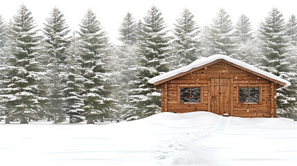 Wall Mural - Winter landscape with snowy fir trees and a cozy hu