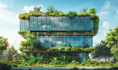 Wall Mural - a modern glass building with a lot of green plants trees and bushes for the futuristic business architecture environment. ecology co2 footprint reduction. web design banner