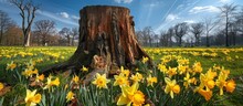 A Tree Stump Towering Above A Field Of Vibrant Yellow Flowers Under The Clear Sky.