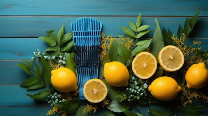 Wall Mural - Yellow lemons on a blue background with space for text