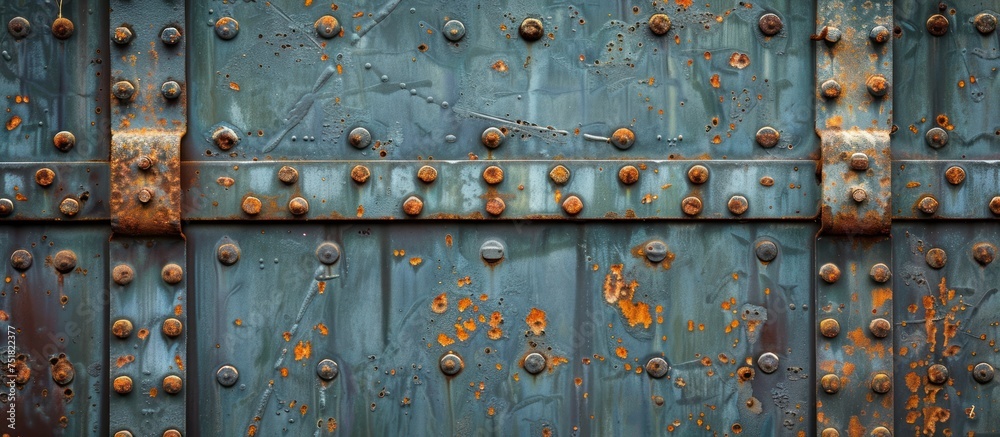 Detailed view of a robust metal door adorned with rivets, highlighting ...