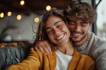 Man and woman sharing a joyous embrace, with a warmly lit background suggesting a moment of love and happiness