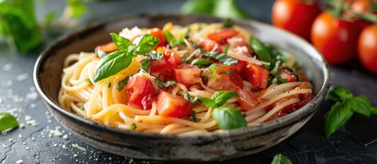 Poster - A bowl filled with al dente pasta, garnished with fresh tomatoes and basil leaves.