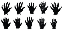 Halloween Set Of Hands Silhouettes With Claws With Twisted Fingers Vector Isolated On White Background
