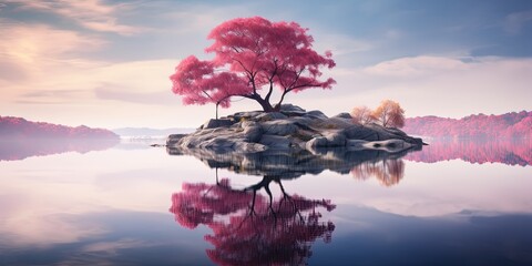 Wall Mural - Vibrant pink foliage of a lone tree stands on a small rocky island, reflected in the calm lake