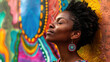 African American woman standing confidently in front of a vibrant, multicolored wall